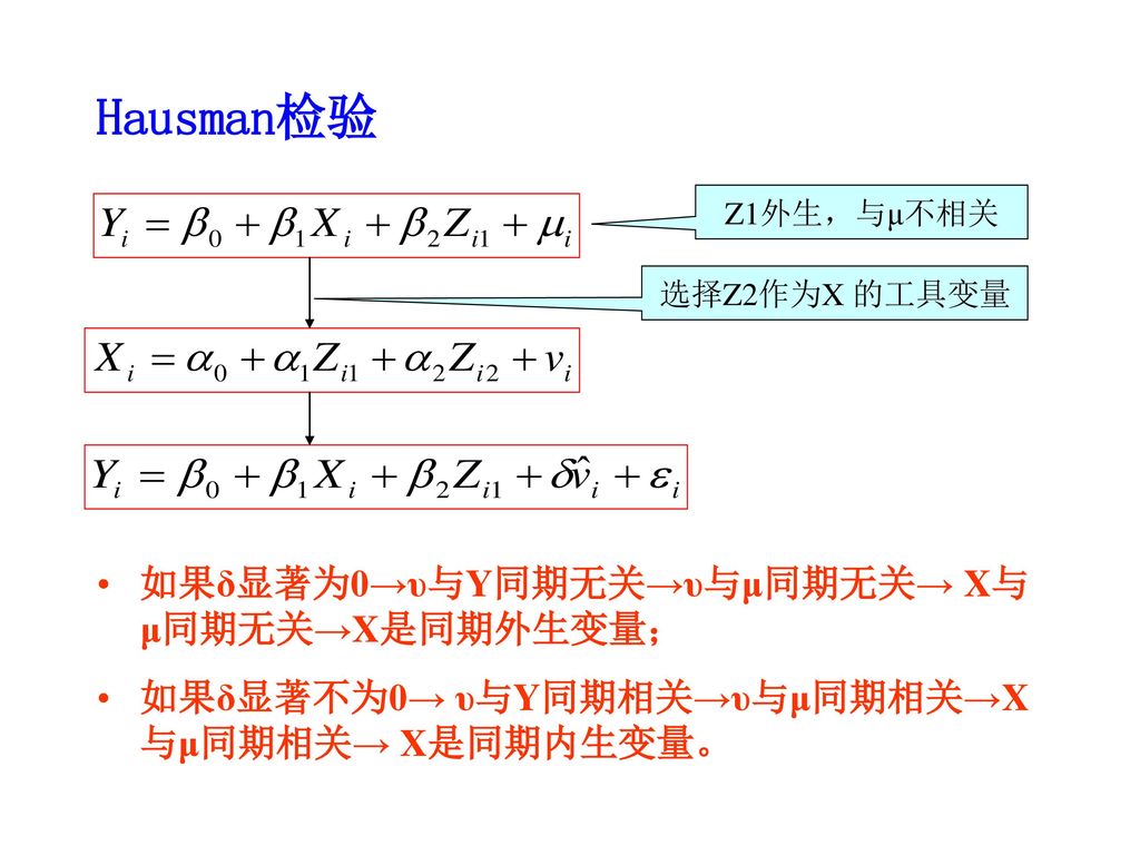 Hausman检验 如果δ显著为0→υ与Y同期无关→υ与μ同期无关→ X与μ同期无关→X是同期外生变量；