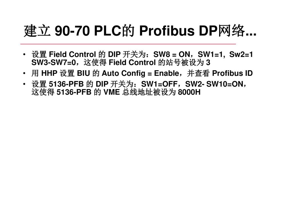 建立 PLC的 Profibus DP网络... 设置 Field Control 的 DIP 开关为：SW8 = ON，SW1=1, Sw2=1 SW3-SW7=0，这使得 Field Control 的站号被设为 3.