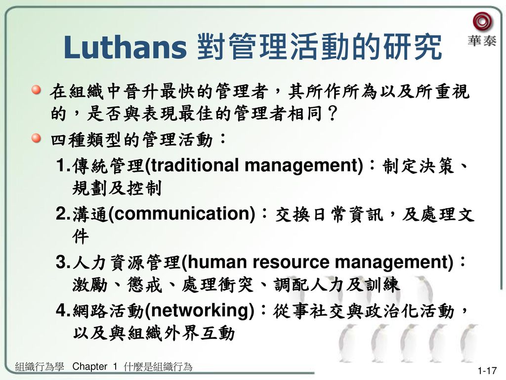 Luthans 對管理活動的研究 在組織中晉升最快的管理者，其所作所為以及所重視的，是否與表現最佳的管理者相同？ 四種類型的管理活動：