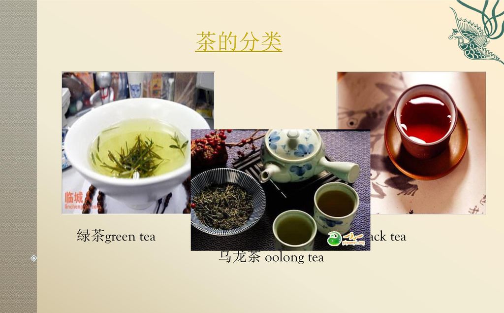 茶的分类 绿茶green tea 红茶black tea 乌龙茶 oolong tea