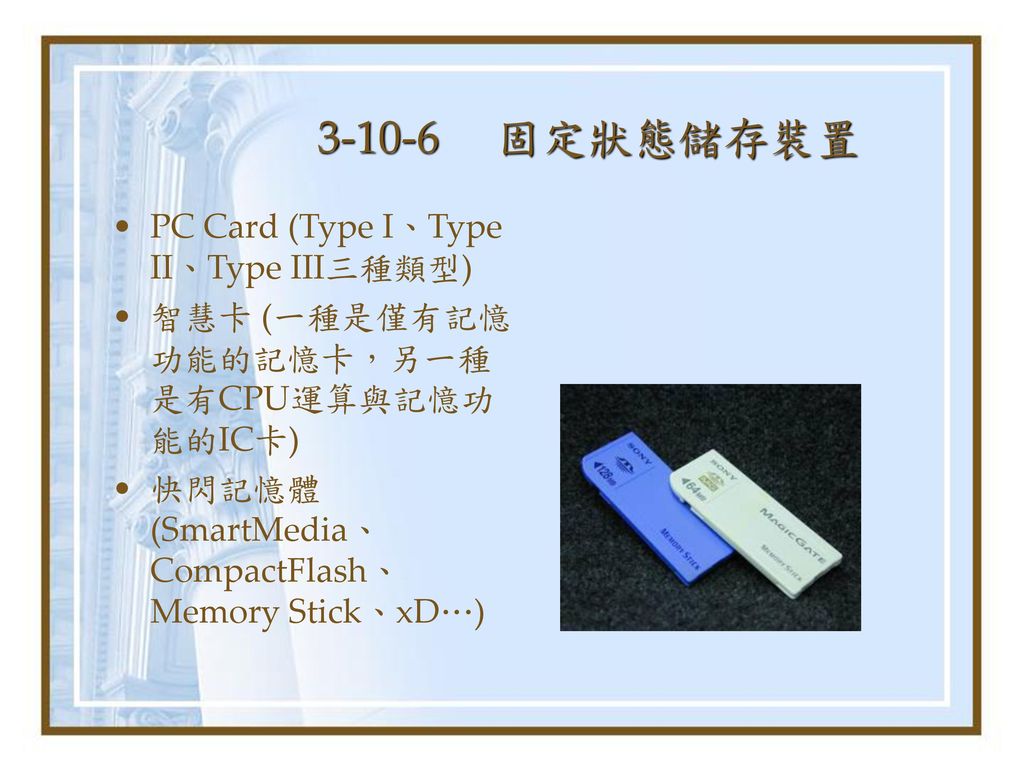 固定狀態儲存裝置 PC Card (Type I、Type II、Type III三種類型)