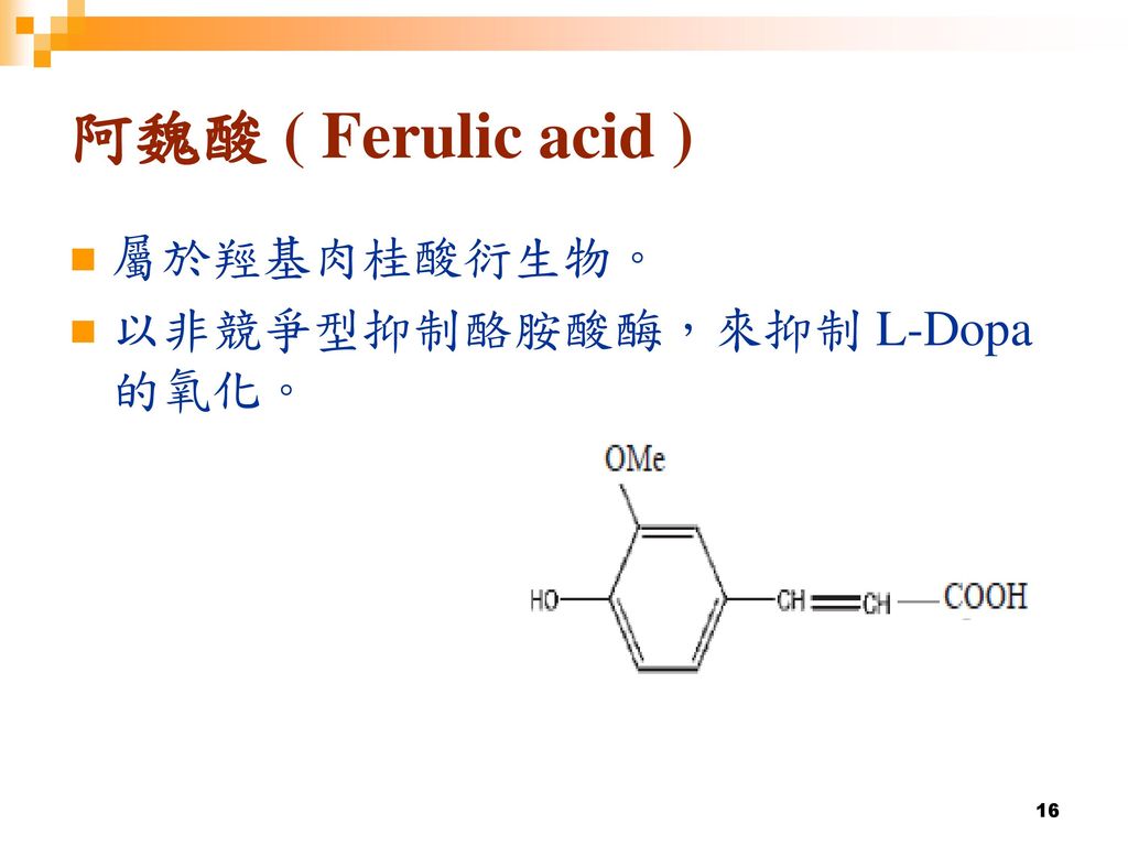 阿魏酸 ( Ferulic acid ) 屬於羥基肉桂酸衍生物。 以非競爭型抑制酪胺酸酶，來抑制 L-Dopa的氧化。