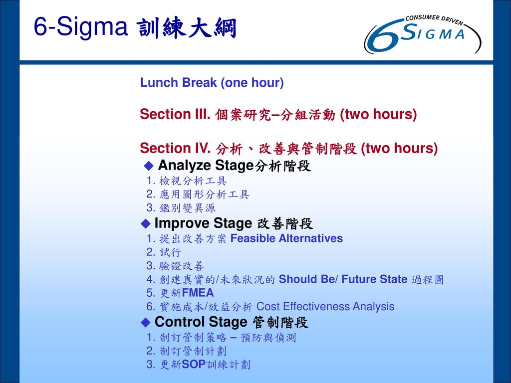 6-Sigma 訓練大綱 Section III. 個案研究–分組活動 (two hours)