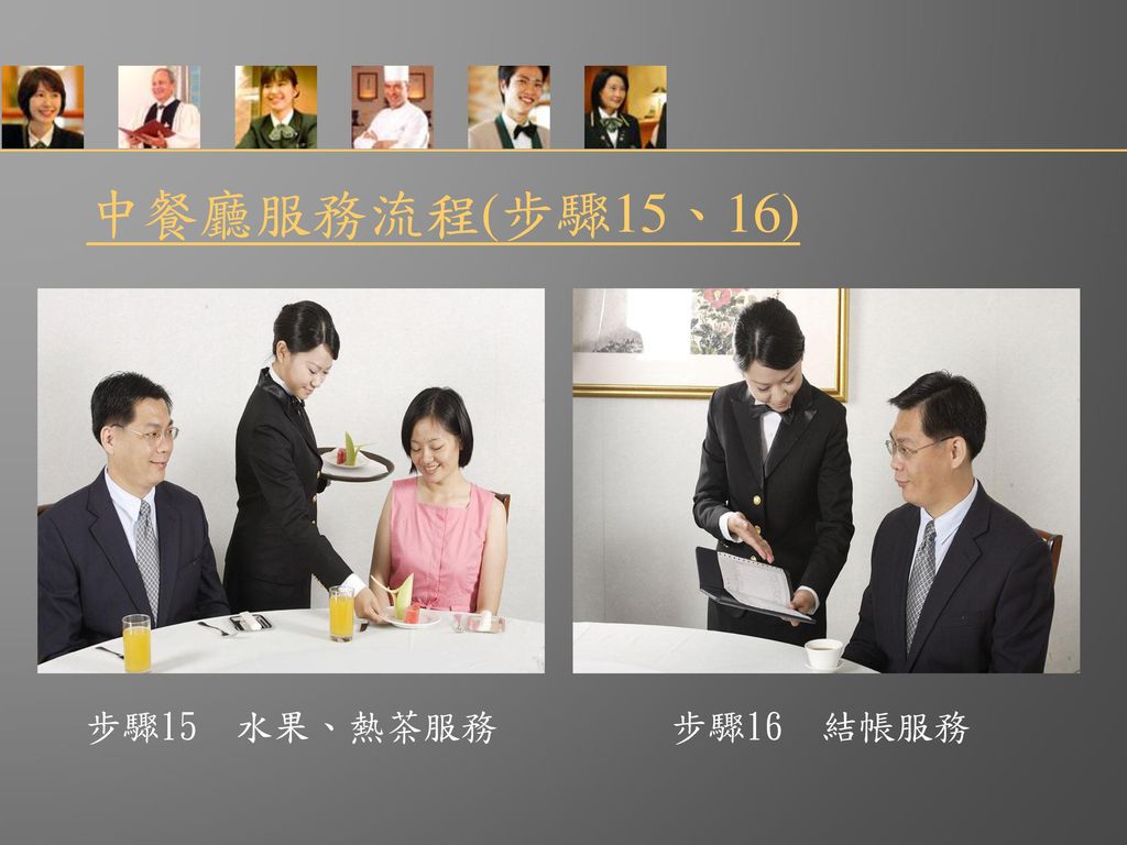 中餐廳服務流程(步驟15、16) 步驟15 水果、熱茶服務 步驟16 結帳服務