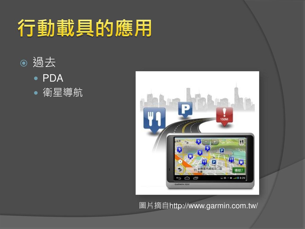 行動載具的應用 過去 PDA 衛星導航 圖片摘自
