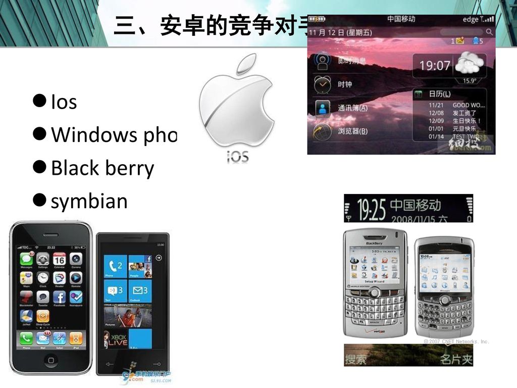 三、安卓的竞争对手 Ios Windows phone Black berry symbian