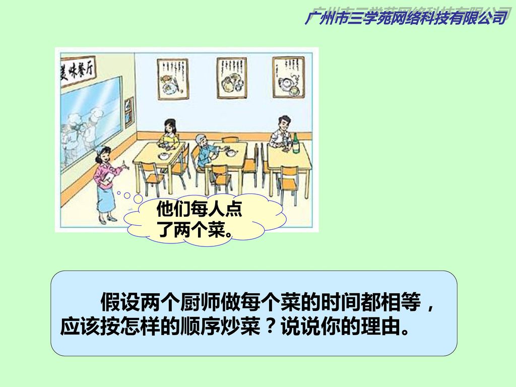 广州市三学苑网络科技有限公司 他们每人点了两个菜。 假设两个厨师做每个菜的时间都相等， 应该按怎样的顺序炒菜？说说你的理由。