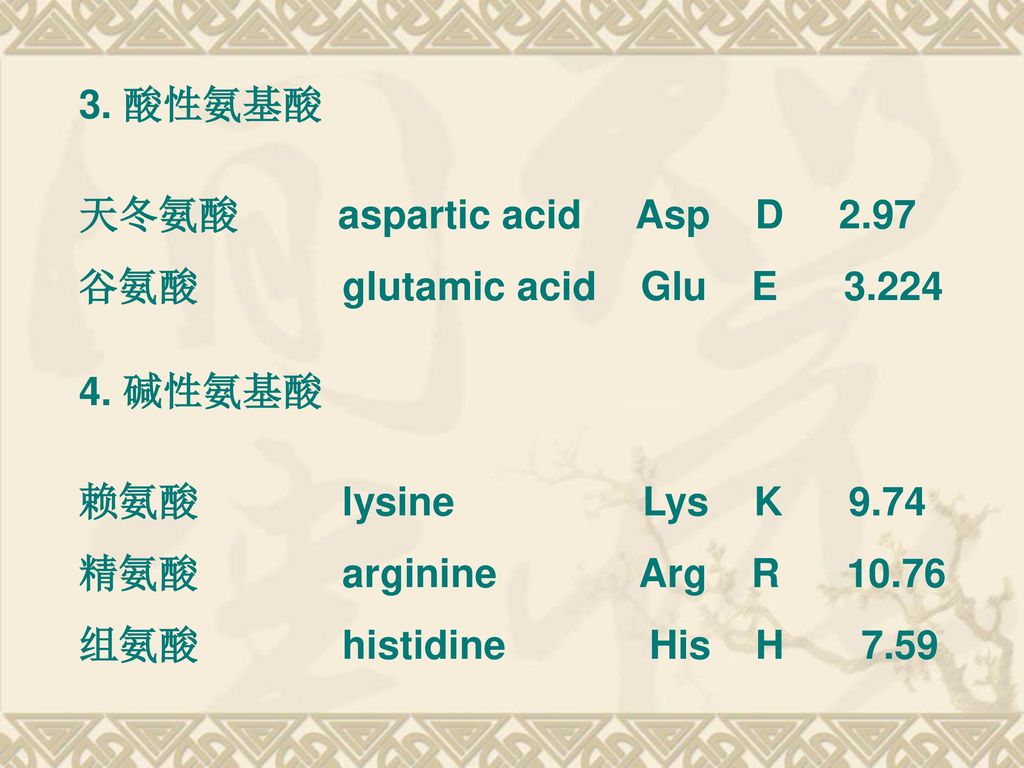3. 酸性氨基酸 天冬氨酸 aspartic acid Asp D 谷氨酸 glutamic acid Glu E
