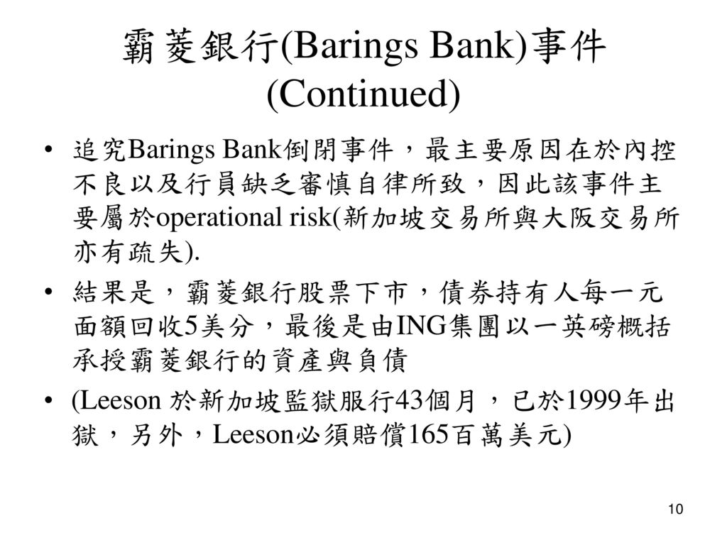 霸菱銀行(Barings Bank)事件 (Continued)