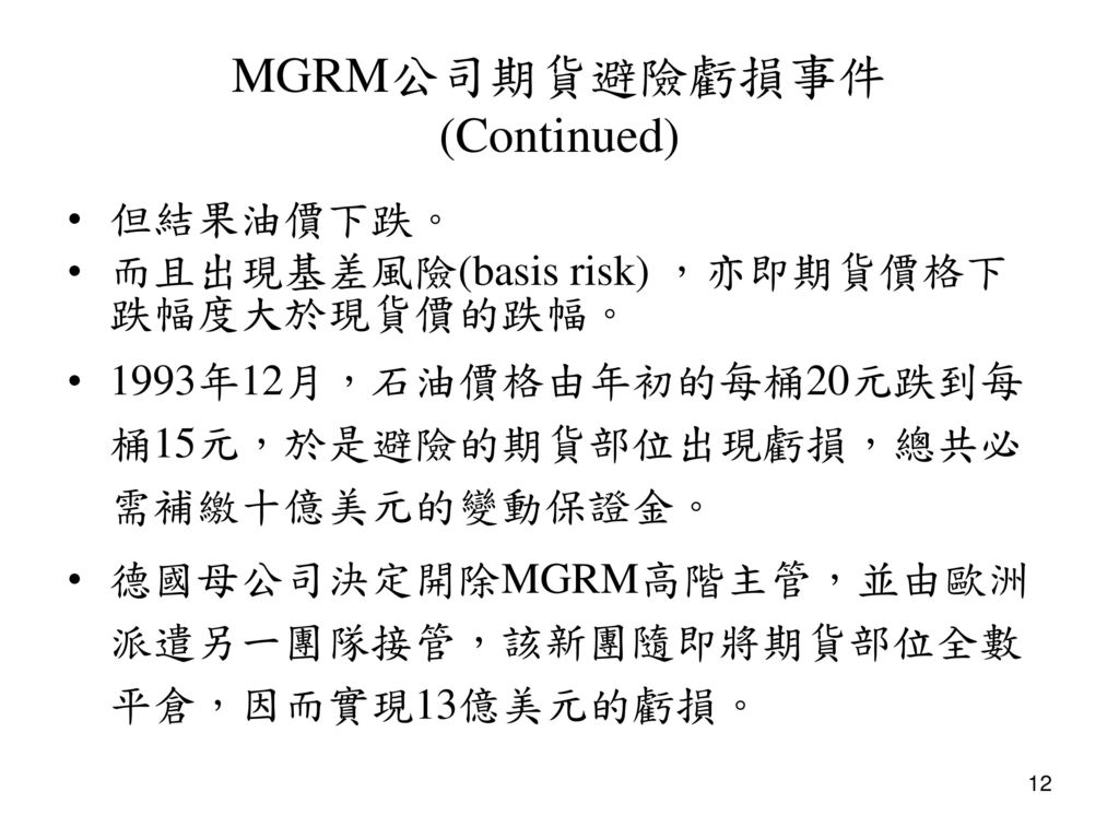MGRM公司期貨避險虧損事件 (Continued)