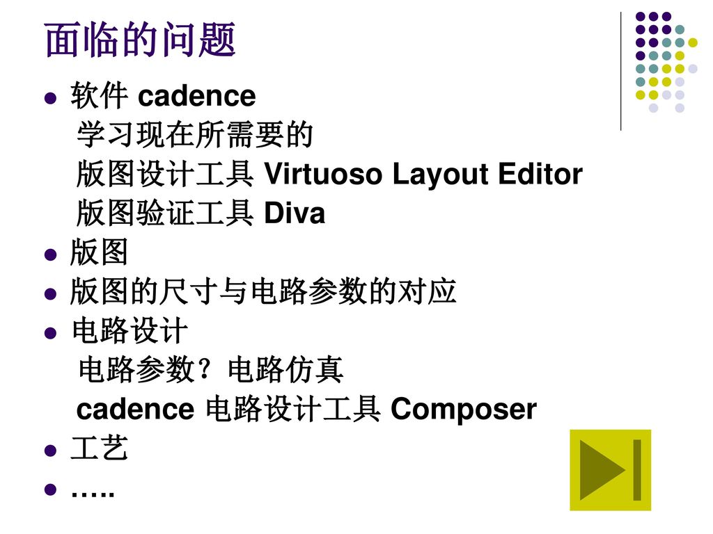 面临的问题 软件 cadence 学习现在所需要的 版图设计工具 Virtuoso Layout Editor 版图验证工具 Diva 版图
