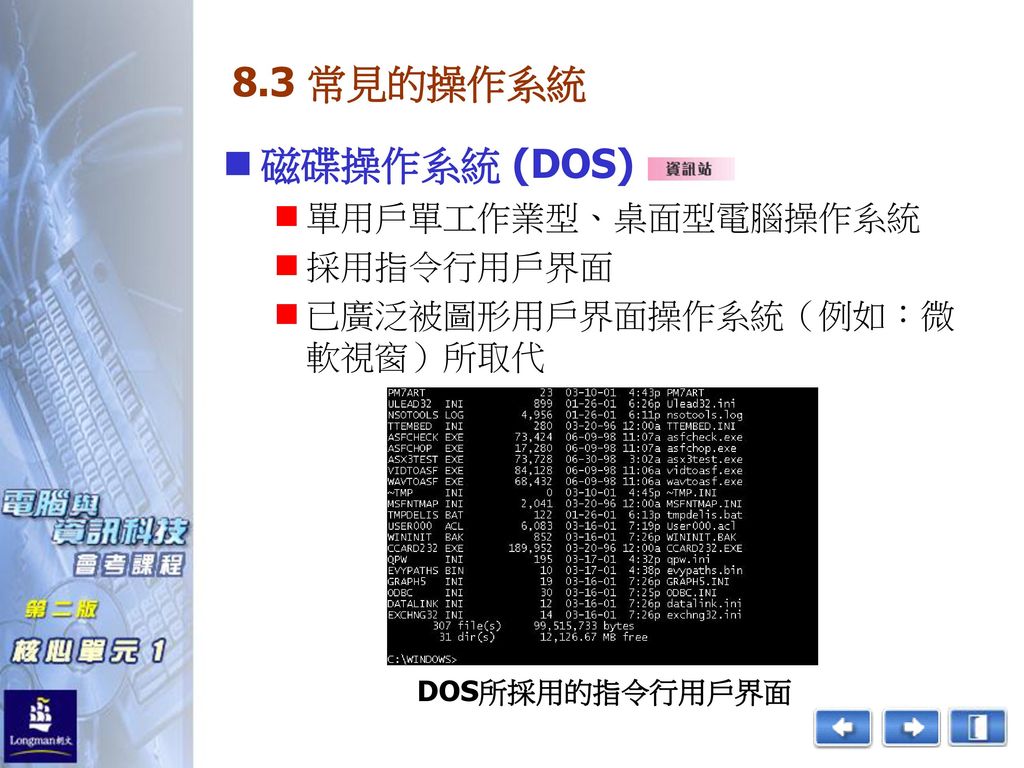 8.3 常見的操作系統 磁碟操作系統 (DOS) 單用戶單工作業型、桌面型電腦操作系統 採用指令行用戶界面