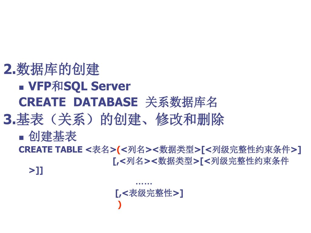 2.数据库的创建 3.基表（关系）的创建、修改和删除 VFP和SQL Server CREATE DATABASE 关系数据库名 创建基表