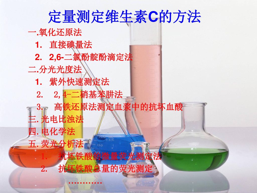 定量测定维生素C的方法 一.氧化还原法 1. 直接碘量法 2. 2,6-二氯酚靛酚滴定法 二.分光光度法 1. 紫外快速测定法