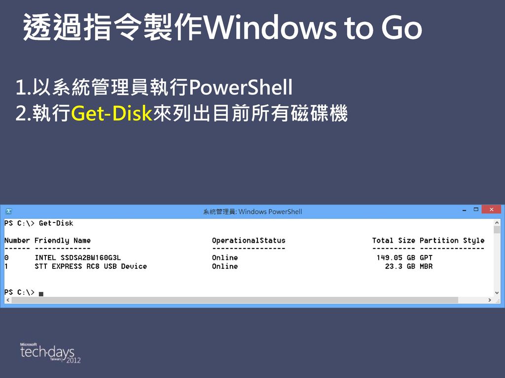 透過指令製作Windows to Go 1.以系統管理員執行PowerShell 2.執行Get-Disk來列出目前所有磁碟機