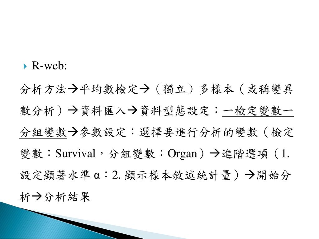 R-web: 分析方法平均數檢定（獨立）多樣本（或稱變異 數分析）資料匯入資料型態設定：一檢定變數一 分組變數參數設定：選擇要進行分析的變數（檢定 變數：Survival，分組變數：Organ）進階選項（1.