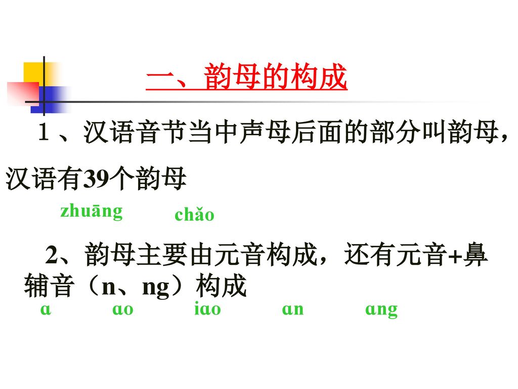 一、韵母的构成 汉语有39个韵母 zhuāng chǎo ɑ ɑo iɑo ɑn ɑng １、汉语音节当中声母后面的部分叫韵母，