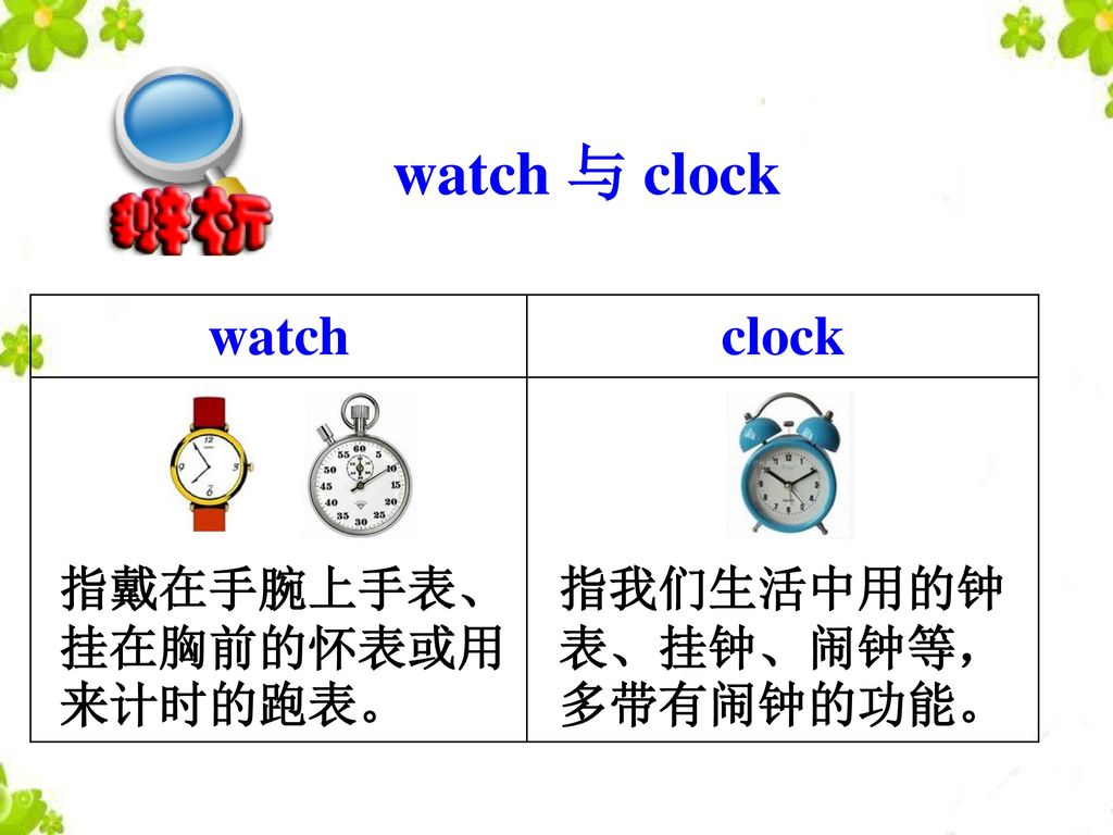 watch 与 clock watch clock 指戴在手腕上手表、挂在胸前的怀表或用来计时的跑表。