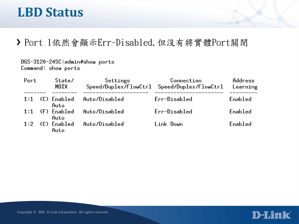 LBD Status Port 1依然會顯示Err-Disabled,但沒有將實體Port關閉