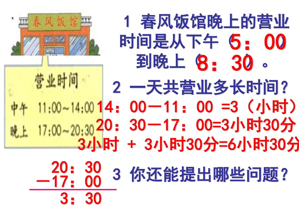 1 春风饭馆晚上的营业时间是从下午（ ）到晚上（ ）。
