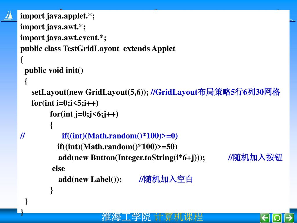 import java.applet.*; import java.awt.*; import java.awt.event.*; public class TestGridLayout extends Applet.