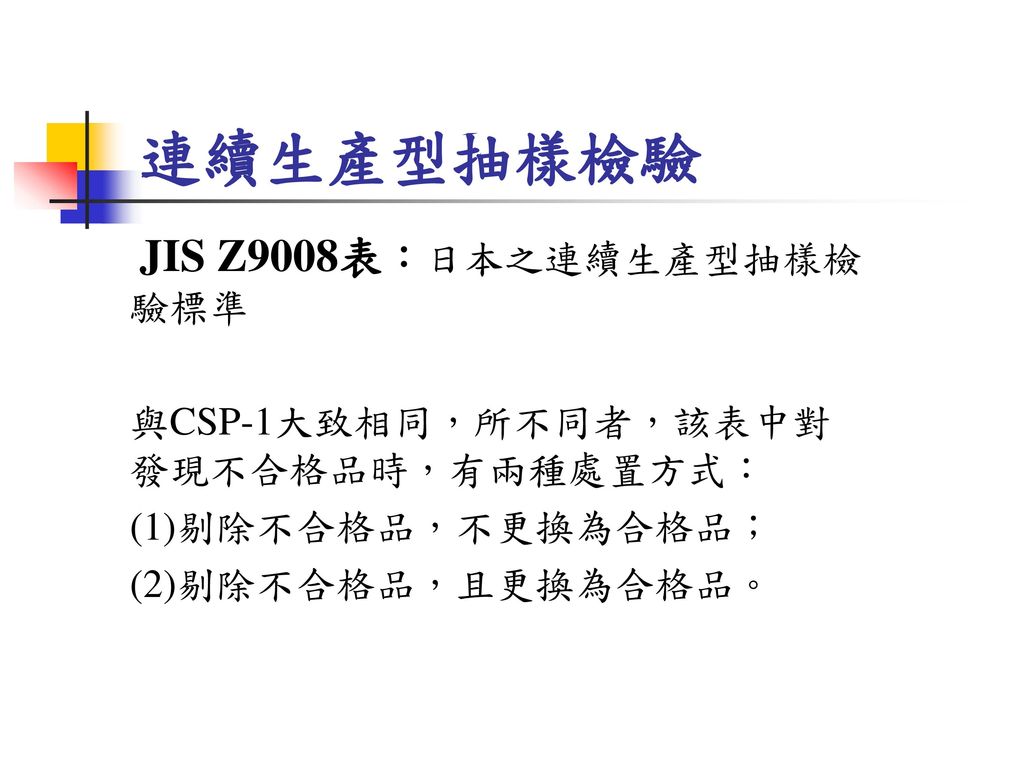 連續生產型抽樣檢驗 JIS Z9008表：日本之連續生產型抽樣檢驗標準