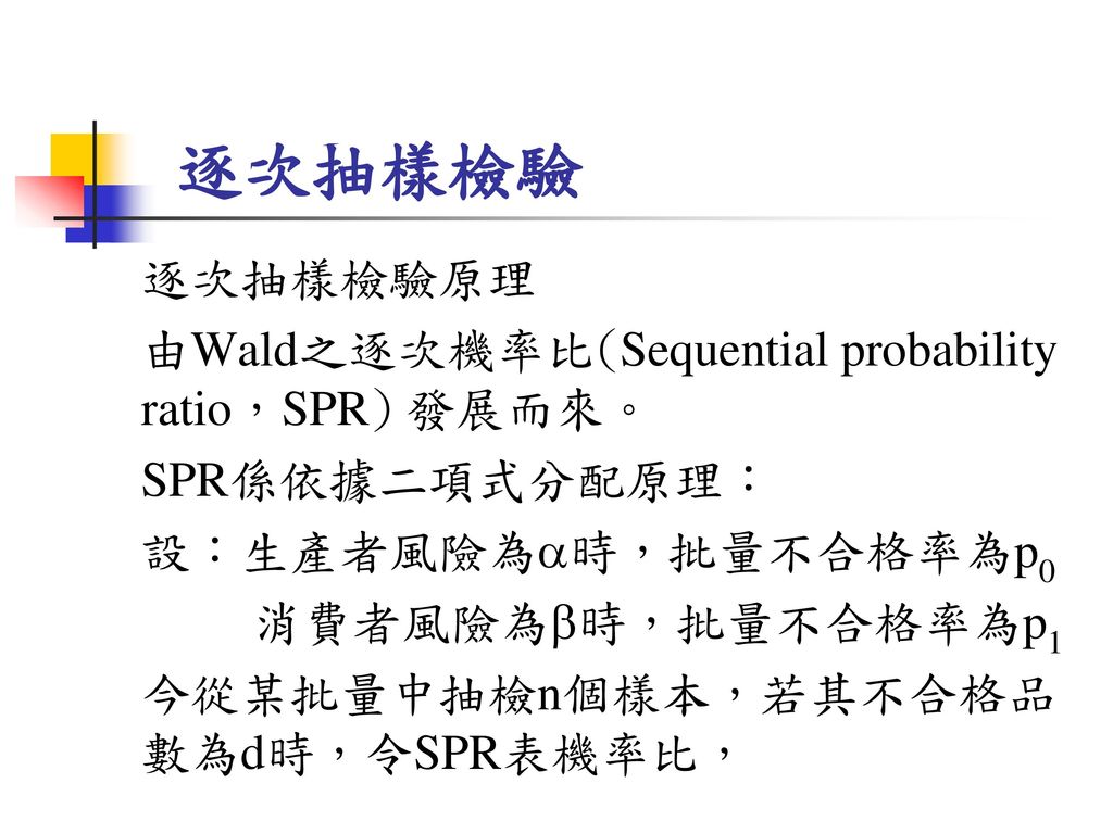 逐次抽樣檢驗 逐次抽樣檢驗原理 由Wald之逐次機率比(Sequential probability ratio，SPR) 發展而來。
