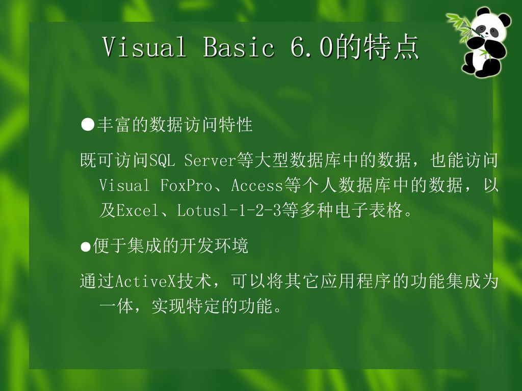 Visual Basic 6.0的特点 ●丰富的数据访问特性