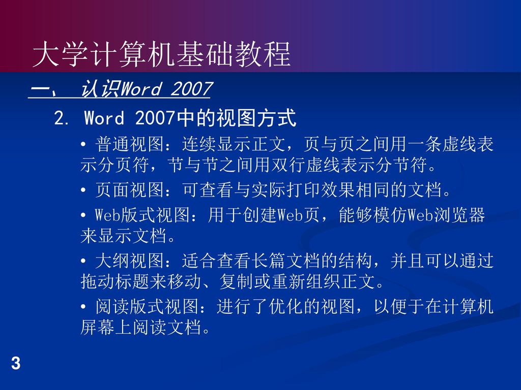 大学计算机基础教程第3章word 07 字处理软件教学重点与难点 Word 07的基本界面文档的建立与编辑文档的格式化 Ppt Download