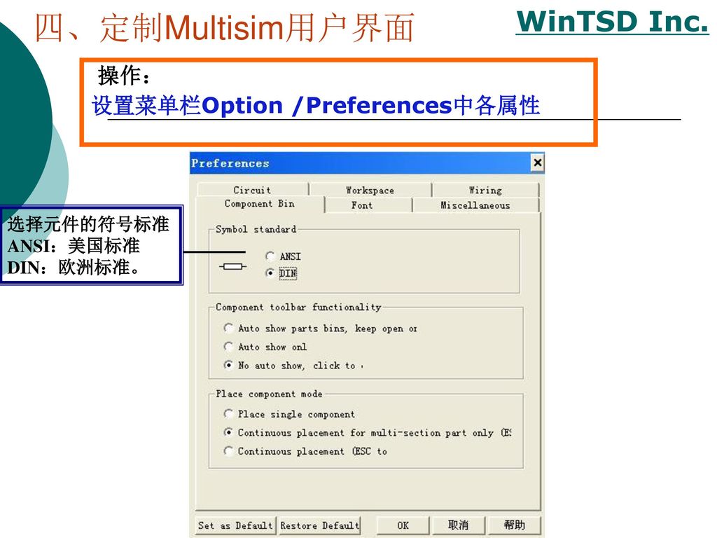 四、定制Multisim用户界面 操作： 设置菜单栏Option /Preferences中各属性 选择元件的符号标准 ANSI：美国标准