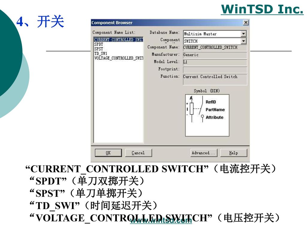 4、开关 CURRENT_CONTROLLED SWITCH （电流控开关） SPDT （单刀双掷开关） SPST （单刀单掷开关）