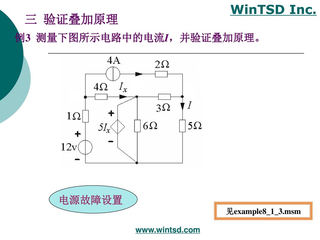 三 验证叠加原理 例3 测量下图所示电路中的电流I，并验证叠加原理。 电源故障设置 见example8_1_3.msm