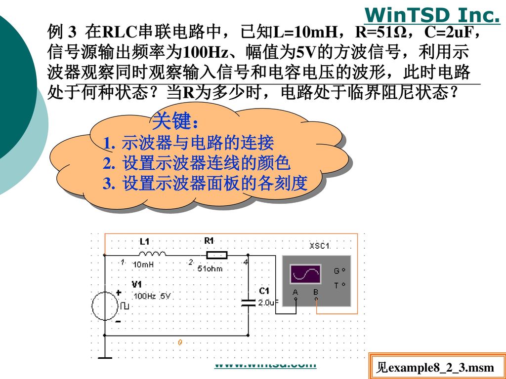 关键： 例 3 在RLC串联电路中，已知L=10mH，R=51Ω，C=2uF， 信号源输出频率为100Hz、幅值为5V的方波信号，利用示