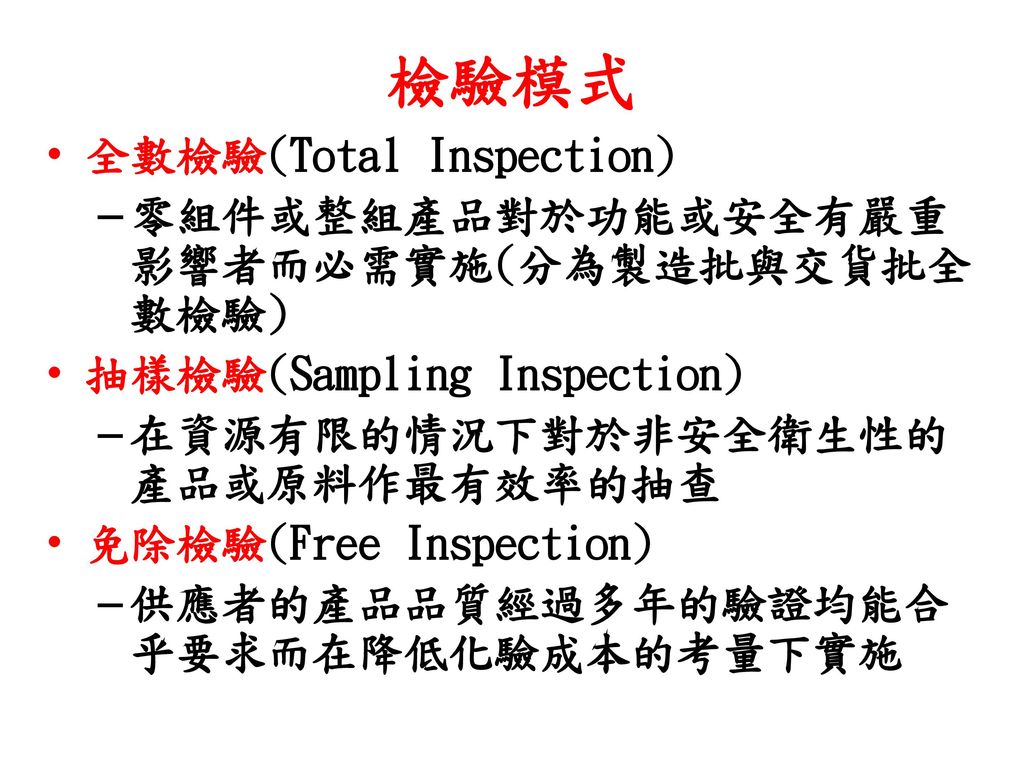 檢驗模式 全數檢驗(Total Inspection) 零組件或整組產品對於功能或安全有嚴重影響者而必需實施(分為製造批與交貨批全數檢驗)