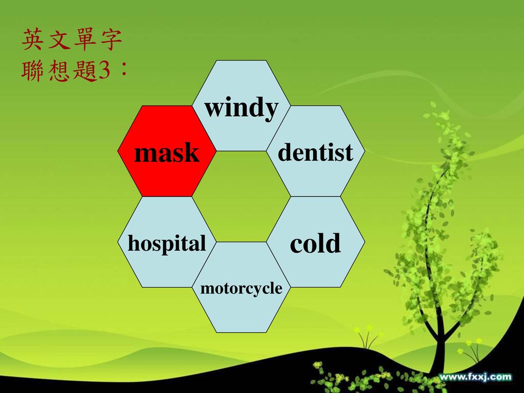 英文單字 聯想題3： windy mask dentist hospital cold motorcycle