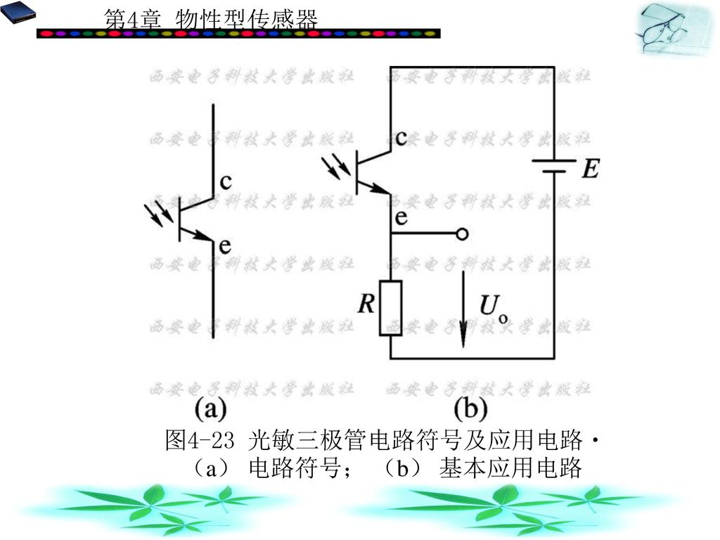 图4-23 光敏三极管电路符号及应用电路 （a） 电路符号； （b） 基本应用电路