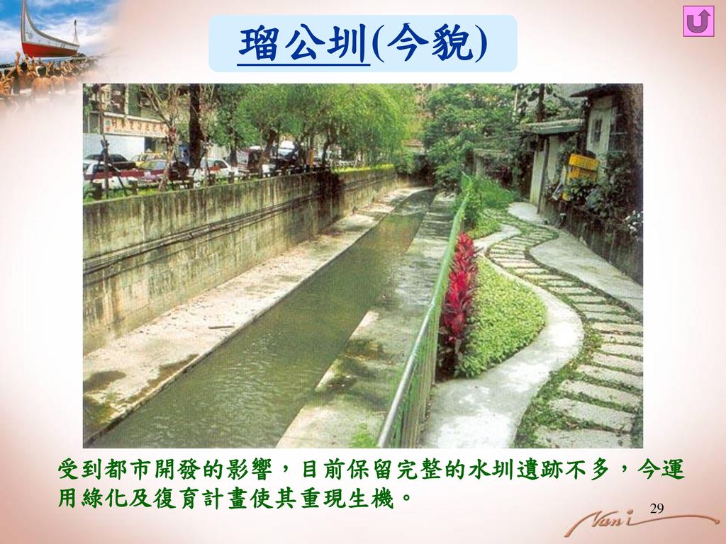 瑠公圳(今貌) 受到都市開發的影響，目前保留完整的水圳遺跡不多，今運用綠化及復育計畫使其重現生機。
