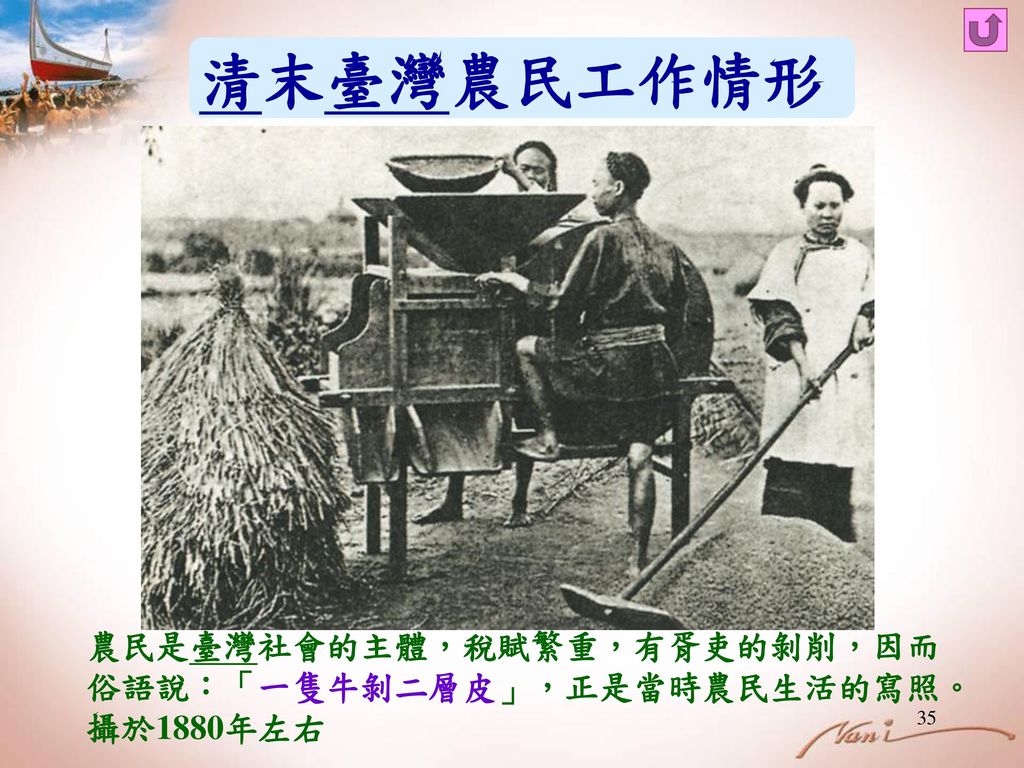 清末臺灣農民工作情形 農民是臺灣社會的主體，稅賦繁重，有胥吏的剝削，因而 俗語說：「一隻牛剝二層皮」，正是當時農民生活的寫照。