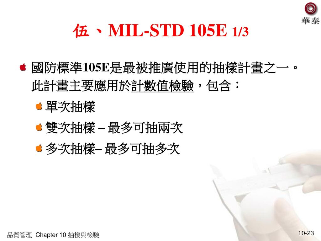 伍、MIL-STD 105E 1/3 國防標準105E是最被推廣使用的抽樣計畫之一。此計畫主要應用於計數值檢驗，包含： 單次抽樣