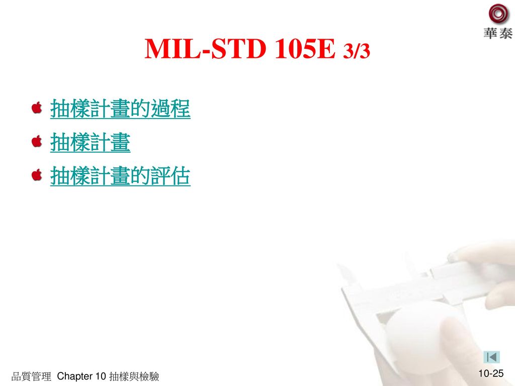 MIL-STD 105E 3/3 抽樣計畫的過程 抽樣計畫 抽樣計畫的評估 品質管理 Chapter 10 抽樣與檢驗