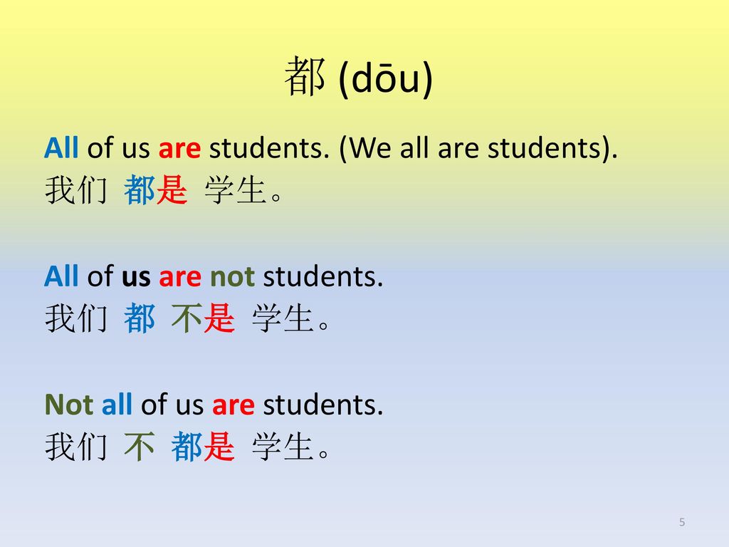 都 (dōu) All of us are students. (We all are students). 我们 都是 学生。 All of us are not students. 我们 都 不是 学生。 Not all of us are students. 我们 不 都是 学生。