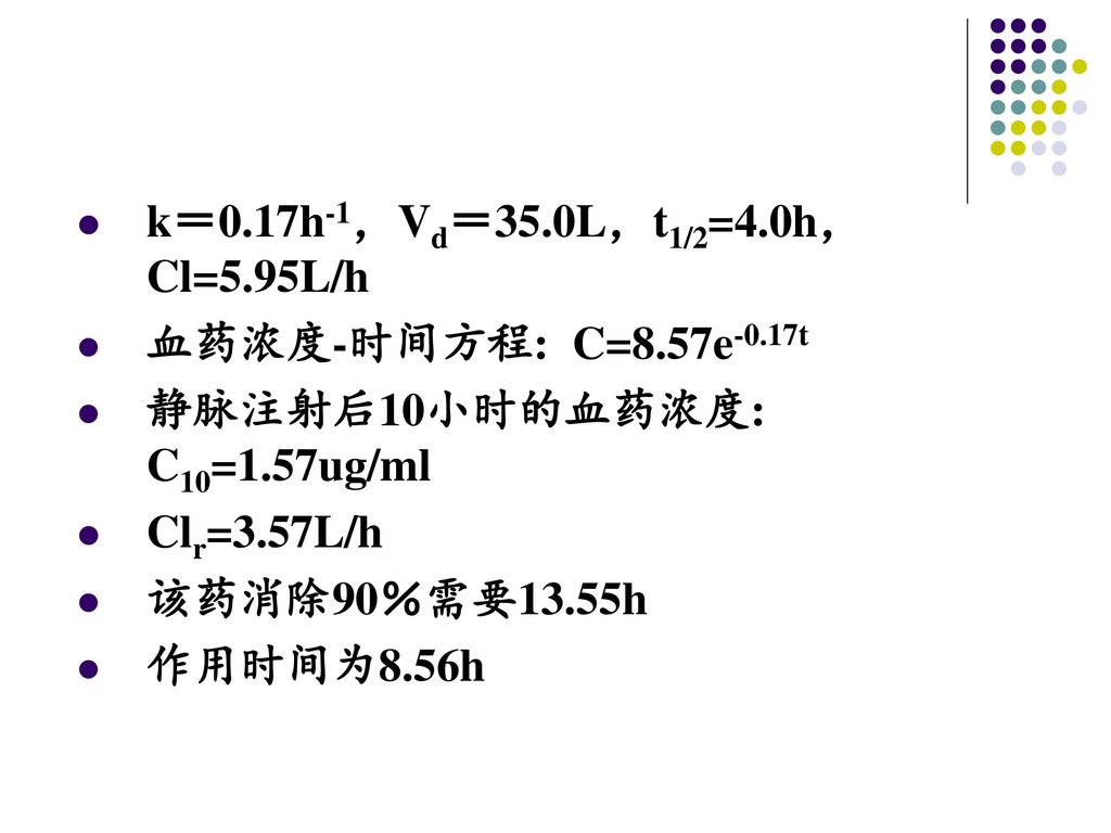 k＝0.17h-1，Vd＝35.0L，t1/2=4.0h，Cl=5.95L/h