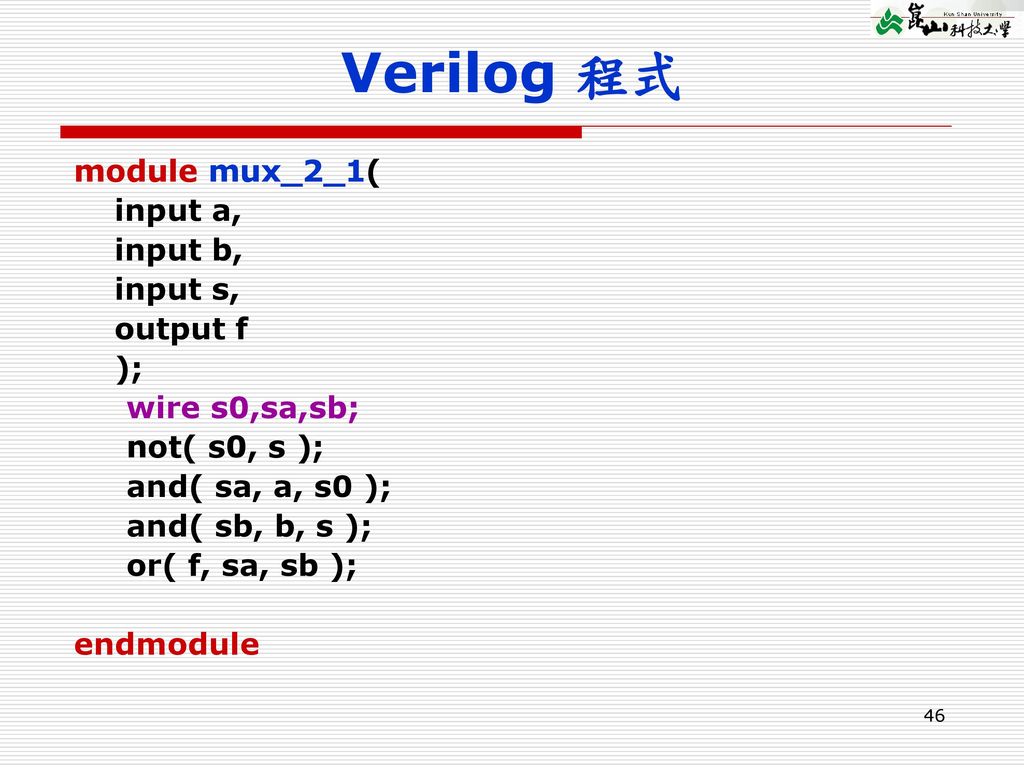 Verilog 程式 module mux_2_1( input a, input b, input s, output f );