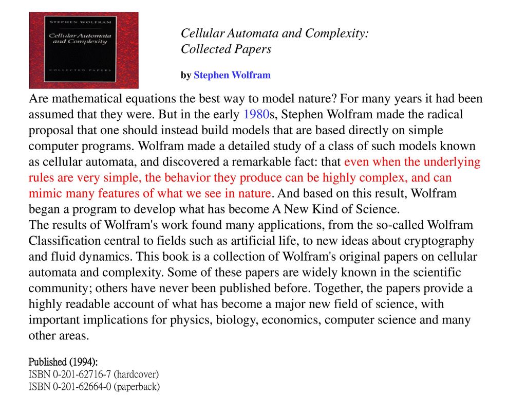 Cellular Automata and Complexity: Collected Papers