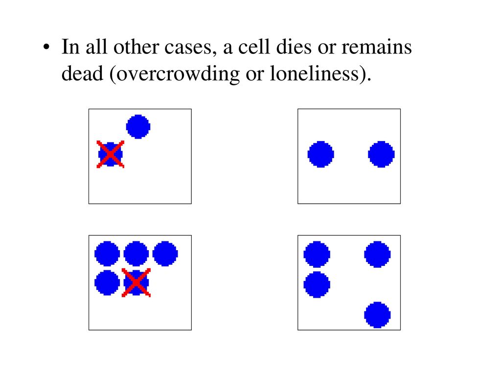 In all other cases, a cell dies or remains dead (overcrowding or loneliness).