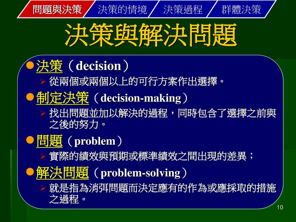 決策與解決問題 決策（decision） 制定決策（decision-making） 問題（problem）