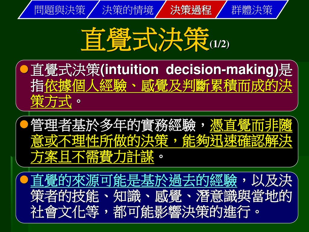 直覺式決策(1/2) 直覺式決策(intuition decision-making)是指依據個人經驗、感覺及判斷累積而成的決策方式。