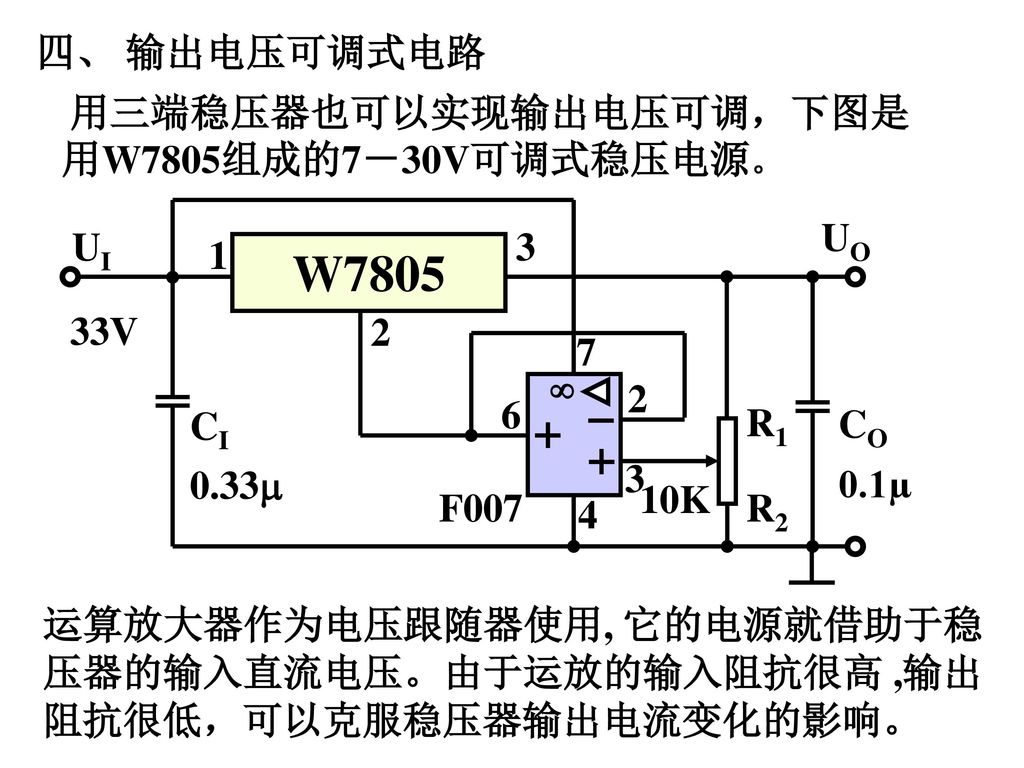 W7805 四、 输出电压可调式电路 R1 CI CO UI UO R2 F  33V 10K