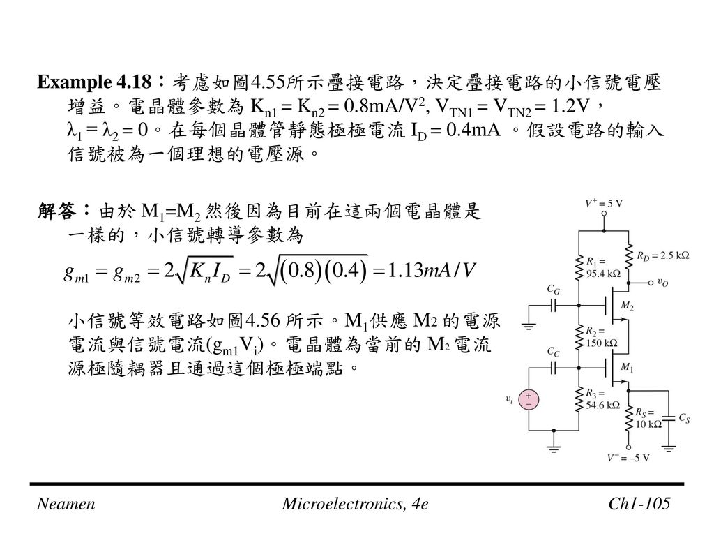 Example 4. 18：考慮如圖4. 55所示疊接電路，決定疊接電路的小信號電壓增益。電晶體參數為 Kn1 = Kn2 = 0