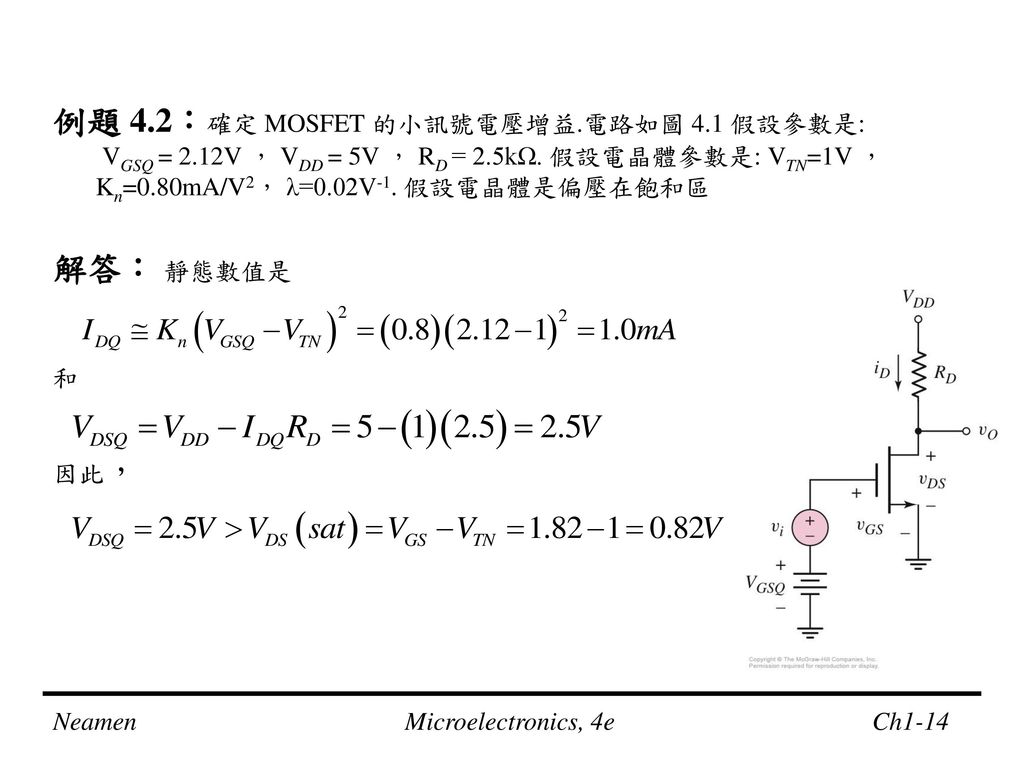 例題 4. 2：確定 MOSFET 的小訊號電壓增益. 電路如圖 4. 1 假設參數是: VGSQ = 2